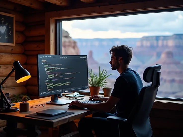 Create a software engineer work scenario with a curved monitor on a rustic field desk with a view of the grand canyon through a large window at a cloudy dawn.