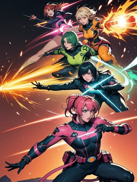 A brave and daring image of the six-man Ranger team, Each is decorated with the following vibrant colors:: neon pink, Sunset Orange, Fire engine red, plasma violet, Fluorescent Green, shocking yellow. A dynamic pose with a background that oozes energy and ...