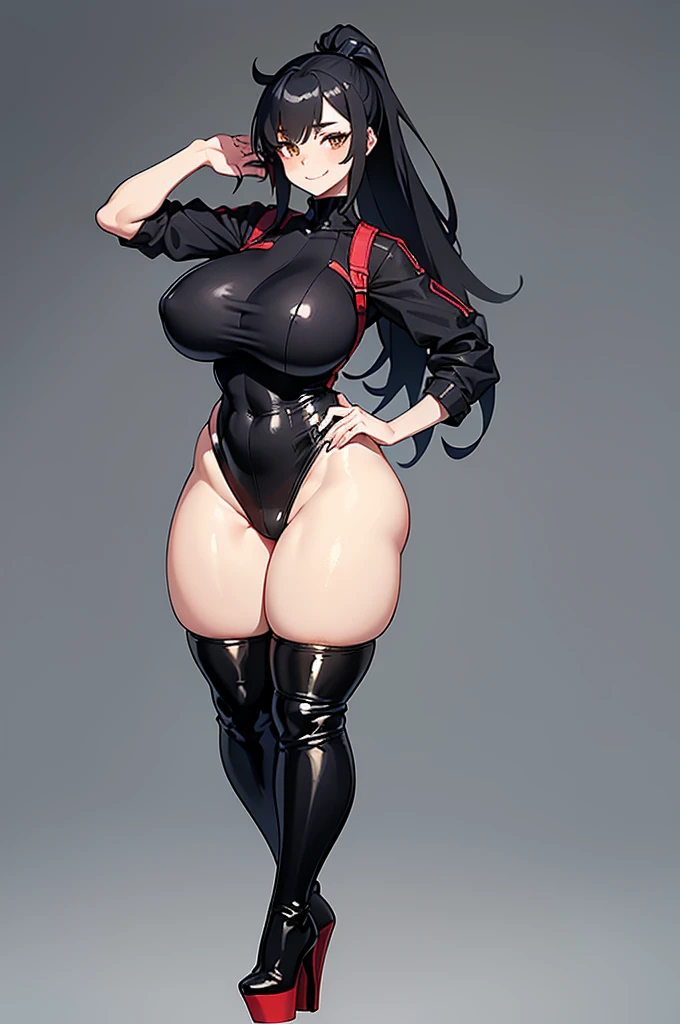 smile showing teeth , young girl, Pullover, whole body to see, ponytail hair, bangs covering eyes, (( very wide hips)), (((colossal Thighs, gigantic thighs, very huge thighs, very big thighs))), ((fullbody)), open toe platform heels, ((pale skin)), very Bi...