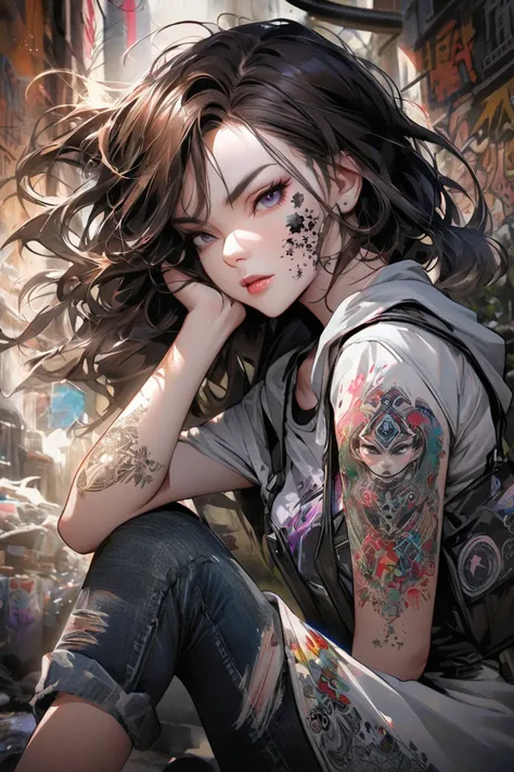 "A highly detailed illustration in a mixed art style that combines hyper-realism with elements of contemporary urban art and gestural drawing techniques. The central figure is a young woman with a rebellious attitude and an intense, ironic expression, rest...