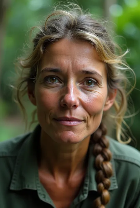 Juliane Koepcke, the lone survivor of a Lansa plane crash who trekked through the Amazon to safety—an ordeal covered in investigations like Air Crash Investigation and Seconds from Disaster. according to above condition make a front image which show she is...