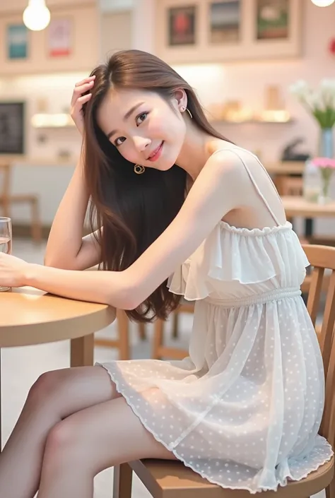 Professional 4K photos are beautifully smooth, with smooth colors that are pleasing to the eye A Cute Thai girl, 20 years old young woman Cute white skin, big breasts with long, light brown hair is seated in a cafe. She is smiling and looking slightly down...