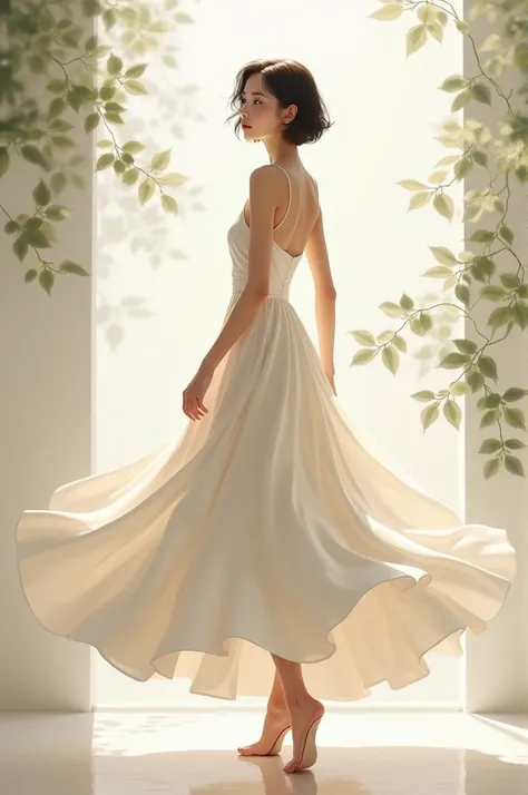 Short haired girl ,  in long dress standing