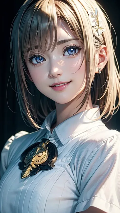 (8k), ( top quality), (masterpiece:1.3), ( realistic ), ( photorealistic), Super beautiful girl, owl，cute,(smile,Beautiful detailed eyes ,  beautiful detailed nose)、 (( white shirt)),  short bob , ((Dramatic lighting)),((  knight ))、A gaze that invites an ...