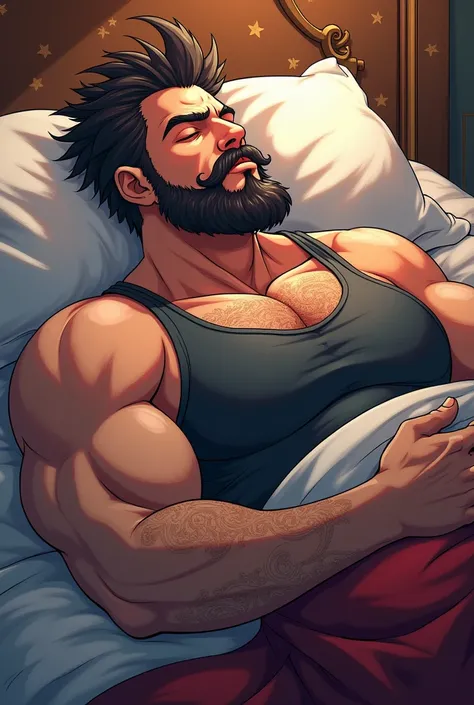 illustrate the dragon king, mustachioed and bearded muscular wearing singlet t-shirt is sleeping in his bed, style anime 