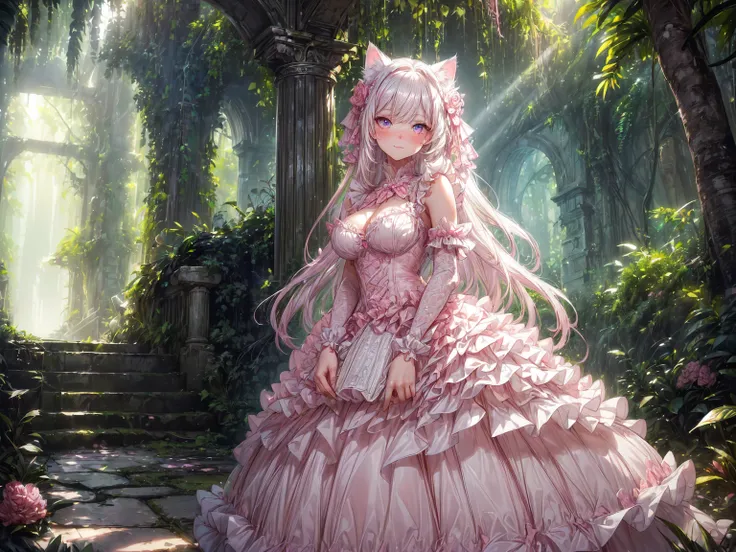 (cat girl, solo focus:1.5), beautiful gorgeous captivating cute adorable princess, (blushing:1.5), nose blush, (pink eyes:1.5) , (((hyper detail delicate beautiful eyes , big eyes, clear eyes, extremely detailed))), (soft thin lines:1.2, beautiful, delicat...