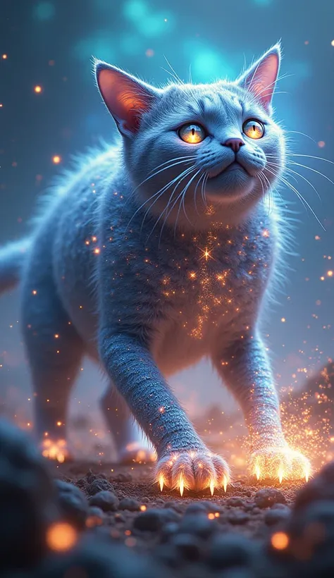 On a glowing alien terrain under a swirling nebula sky, the cat’s final form emerges as a cosmic beast. Its fur is now an amalgamation of metallic scales and glowing patterns that pulse with energy. Its claws are crystalline, cutting through the air with s...