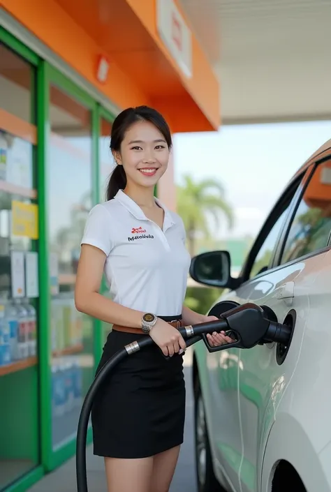 A young thai woman 18 years old body shape, standing at gas station attendant is fueling a white car at a modern gas station. Mahalai uniform,white short sleeve shirt,short black pencil skirt,brown belt. Her hair is tied back in a low ponytail, and she is ...