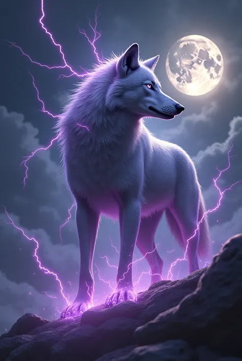 A wolf that is grey throughout body with lightning coming out and on body that is purple with a moon in background 

