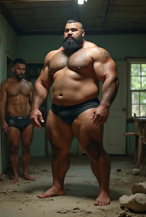  Maori man with beard and short hair,  is fat and muscular ,  wears transparent boxers , It is in a. abandoned room, that show his legs and feet, hairy arms and legs , Is your dad next door who is also big and strong