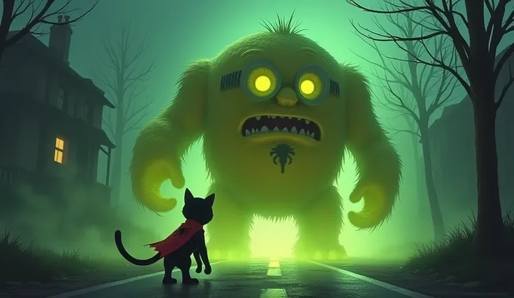 A giant, monstrous cartoon creature inspired by Minion-like features yellow but uniquely designed, glowing with a green, affect by zombies virus , menacingly attacking a heroic cat dressed in a Spider-Man-style suit. The setting is a dark, creepy haunted c...