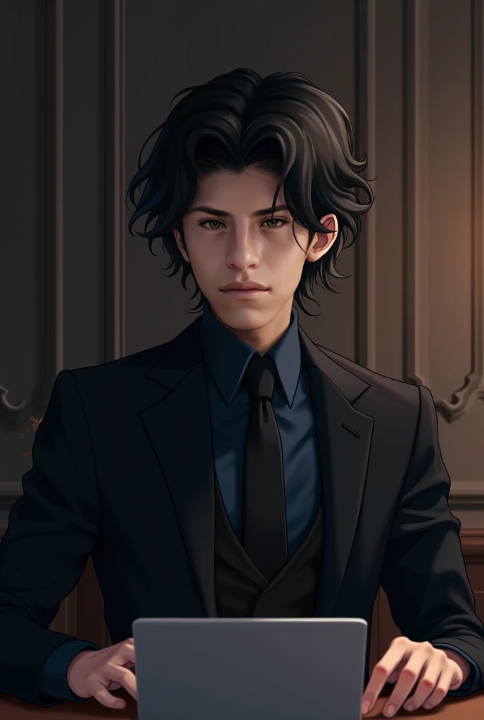 A beautiful boy looking straight ahead, sitting at a desk with a laptop and with your hands on the desk,  with semi-wavy black hair, With black suit,  dark blue shirt and black tie 