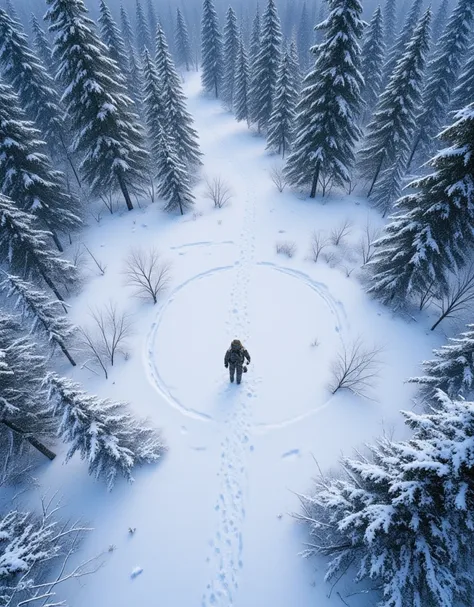  Explorers lost in the forest snow， circled a few circles around the forest  ，Leave snow footprints ， aerial aerial view 