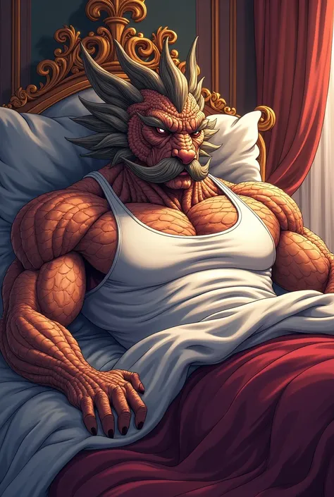 illustrate a muscular dragon king , mustache,  wearing a singlet shirt sleeping in his bed, style anime 