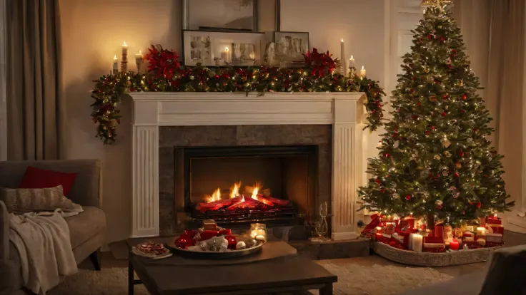 An ultra-high resolution real picture ， depicts a warm fireplace with red flames ， The fireplace is flanked by a Christmas tree with a Christmas day vibe、Christmas decorations and candles 。