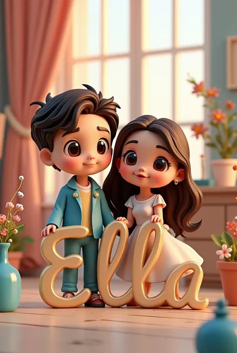 
Disney 3D cute Chibi couple. the boy have brown eyes with short black hair, the girl with long hair setting on the text "Mizpeh  & Ella" with GOLD and SILVER hearts,BLUE product, painting, typography, 3d
rendering, fashion, architecture., architecture, fa...