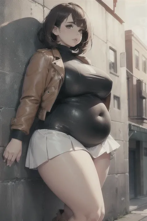 (Best quality), (high resolution), (detailed),1woman, curvy lady, chubby belly, thicc, tight white skirt, beautiful brown leather jacket, brown leather boots, black bob cut, cute thick lips, thick eyebrows, ((pressed against wall)), hourglassbody