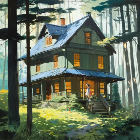 (( top quality)), ((masterpiece)), ( Details), 1girl, A house in the woods、The background color becomes softer, "Ambient Works Collection Vol.... 4", Acrylic painting, Popular on pixiv fanbox, Palette knife and brush, Makoto Shinkai James Wyeth James Gilli...