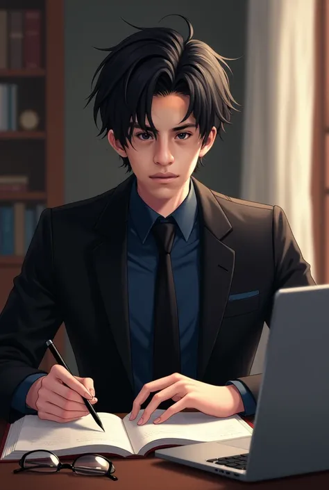 A beautiful boy looking straight ahead,  sitting at a desk with a laptop ,  book and glasses and with his hands on the desk,  with semi-wavy black hair, with hairstyle from side to back , With black suit,  dark blue shirt and black tie 