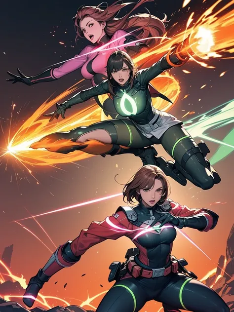 A brave and daring image of the six-woman Ranger team, Each is decorated with the following vibrant colors:: neon pink, Sunset Orange, Fire engine red, plasma violet, Fluorescent Green, shocking yellow. A dynamic pose with a background that oozes energy an...