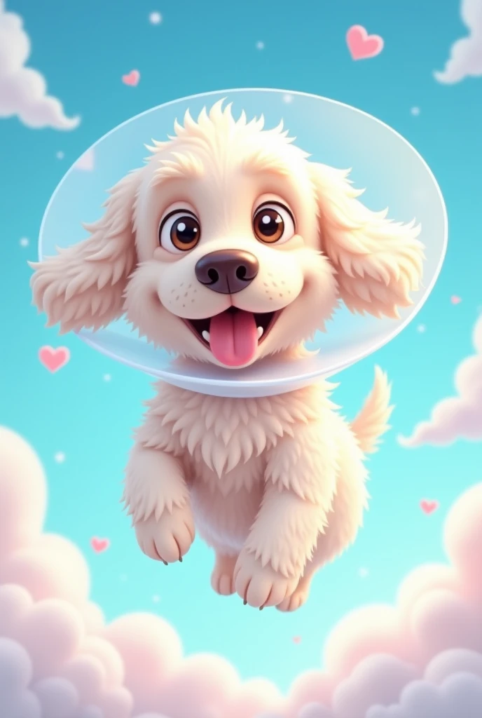  Make a cartoon of a Cocker dog with most of her white fur , the hair on the white face also ,  that has a white therapeutic cone around her neck that is in the sky