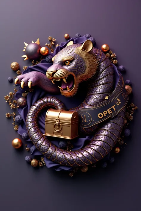 The 3D logo is made from purple gold, black carbon and yellow gold in the shape of a tiger as well as a treasure box and a round logo in the middle in blank black and a ribbon that says FMK and the words Opet with a photo in the middle, very detailed and e...