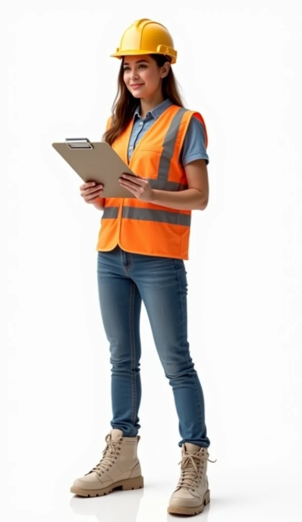 ( top quality,  Masterpiece  :1.3, super high resolution,),( Ultra Details, caustics ),(Photorealistic 4k）A woman in a hard hat, fitted safety vest, lightweight work pants, and closed-toe shoes, holding a clipboard.  white back ground.