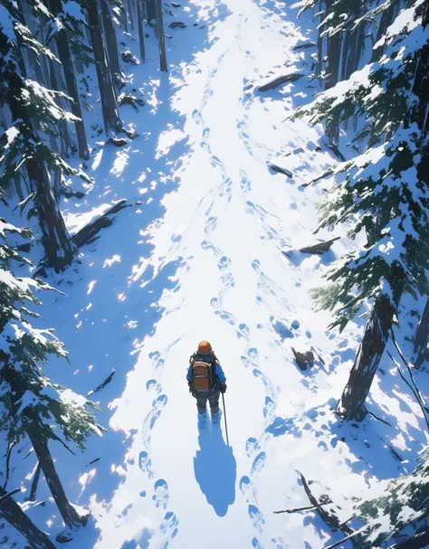  The explorer lost alone in the forest snow， leave deep “SOS” snow footprints around，（SOS footprints ：1.3）， aerial aerial view 