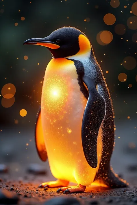 Design a cosmic-themed penguin glowing with golden light, as if its body contains a radiant supernova. Its feathers should shimmer with starry details, and its shape should remain true to a penguins natural form. The background should be dark and filled wi...