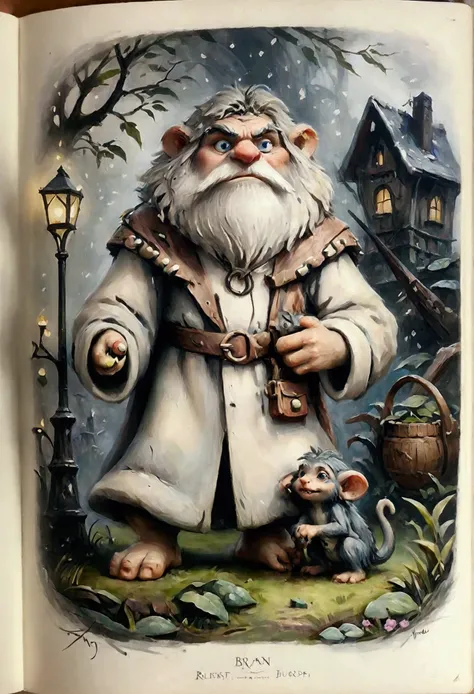 A forest troll made from dense fog, surrounded by mist and lush vegetation. Large thick lips. Huge blue eyes. Elephantine ears. Look of ecstatic joy. joyful pose. In the style of Brian Froud
