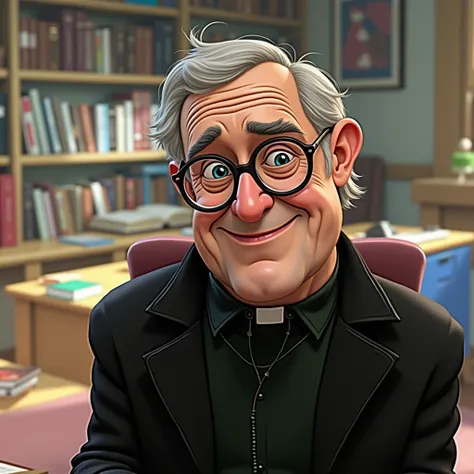 Create a Disney Pixar-inspired poster with the character of Pastor Rubens Janier,  Un homme aux cheveux gris portant des lunettes, in an office with a Bible on the table 