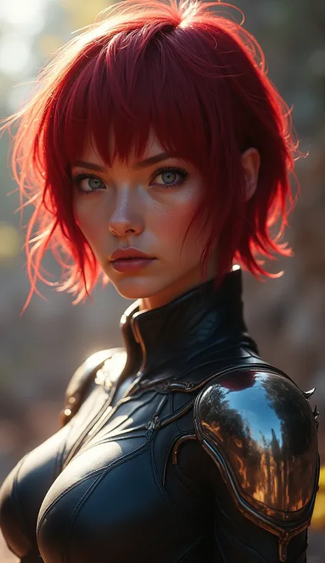  ALITA AN ANDROID WITH METAL ARMS , A PERFECT WAR ,   BEAUTIFUL AND A STRONG AND FIGHTING ANGEL  ,  High resolution,  masterpiece, UHD,  red hair, dark blue hair,  short hair,  blue eyes , make-up, perspective, Shine, bright light, Luz de reflejo, Chiarosc...