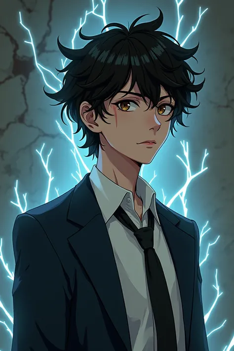 Design a young man inspired by John from the WEBTOON unOrdinary. He has medium-length, slightly messy black hair that falls naturally but gives a subtly disheveled look. His hazel eyes are sharp and expressive, shifting between a calm, vulnerable gaze and ...