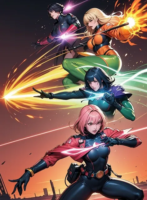 A brave and daring image of the six-woman Ranger team, Each is decorated with the following vibrant colors:: neon pink, Sunset Orange, Fire engine red, plasma violet, Fluorescent Green, shocking yellow. A dynamic pose with a background that oozes energy an...