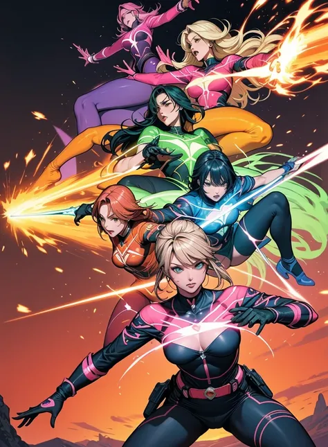 A brave and daring image of the six-woman Ranger team, Each is decorated with the following vibrant colors:: neon pink, Sunset Orange, Fire engine red, plasma violet, Fluorescent Green, shocking yellow. A dynamic pose with a background that oozes energy an...