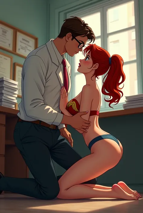 Red-haired secretary with curly ponytail,  Wonder Woman lingerie  , glasses, thin and tight body ,  big breasts, in love, with milk on the face, knees on the floor ,  begging before her boyfriend  , tall doctor  , delgado,  brown hair , arrested, office, a...