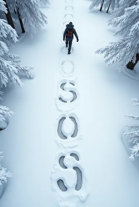  The explorer lost alone in the forest snow， around leaving a deep “SOS” snow footprint，（The footprints form the SOS letter ：1.3）， aerial aerial view 