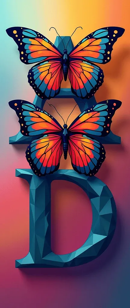 Geometric butterflies and the letters AHD with colors background 