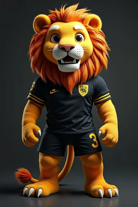 Lion soccer team mascot with black and gold jersey 