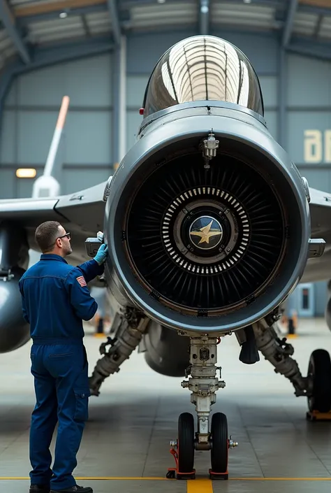 Picture of inspecting an F-16 aircraft engine