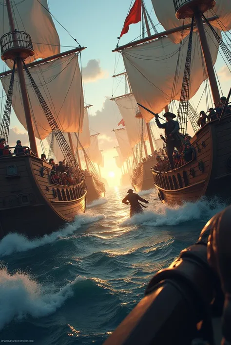  pirates attack the enemy ship gracefully and skillfully. The captain comes forward with his sword and screams angrily, while pirates join forces to storm the ship with strength and courage.  Weapons fly, fire, shells fly in the air, accompanied by the sou...