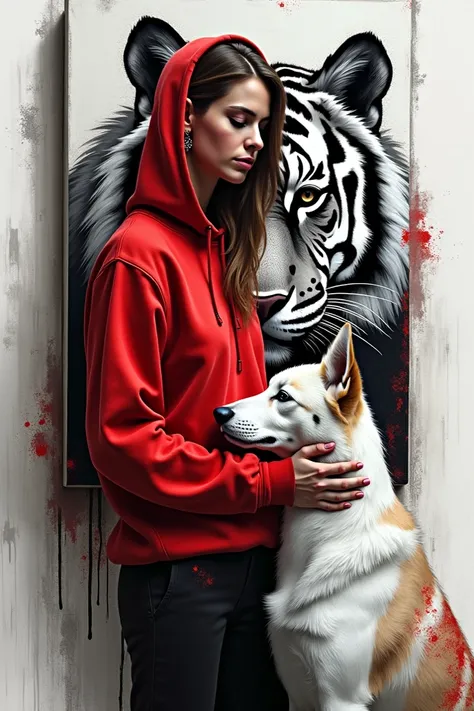 graffiti numérique, peinture au pinceau en noir, blanc et rouge dun croquis numérique à lencre noire, blanche et rouge dune femme de 21 ans, au visage impeccable avec son chien barzoi, regardant vers le bas, portant un sweat à capuche rouge, le reste de sa...