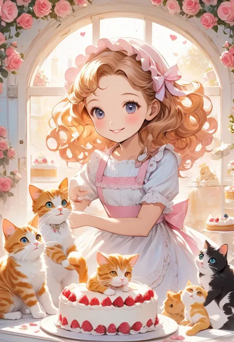 Smiling wavy-haired girl and cats making cake, lacy romantic background