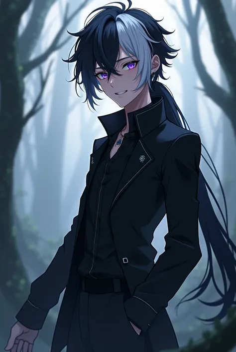 - a young male
- black and white hair
- violet eyes
- black clothes
- full body
- in a misty forest
- with a mischievous smile
- anime version
- long hair