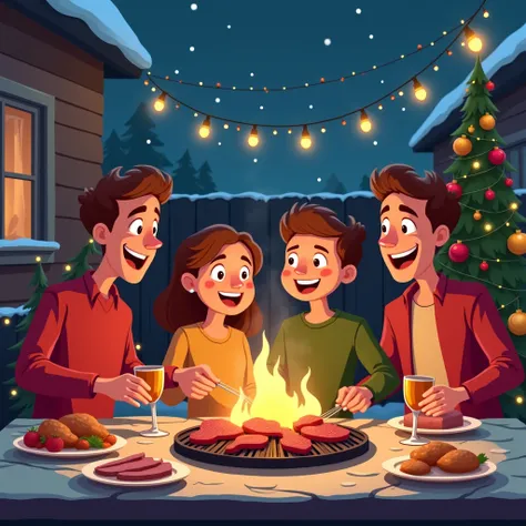 A vibrant 2D flat animation depicting a joyful family of four, happily enjoying dinner in a cozy backyard on Christmas night. The family is gathered around a grill, where delicious meats like chicken, beef, and pork chops are sizzling. The scene is filled ...