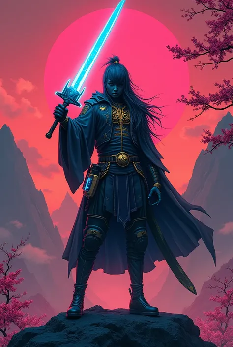 An energetic and dynamic album cover that embodies a unique blend of pop, metal, and Japanese aesthetics. The artwork features a stylized warrior in a fantastical setting, raising a futuristic sword glowing with a neon blue aura. The background showcases a...