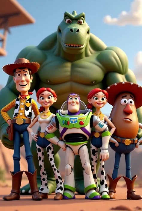 The 5 main characters of the animated film Toy Story , , who are grown up and all muscular, standing as a team after a victory 