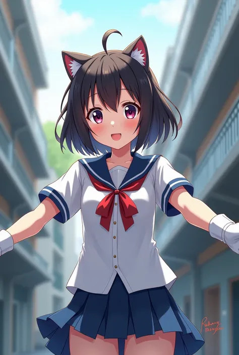  wearing cat ears and white rubber gloves、Here is a Japanese high school girl spreading her arms 