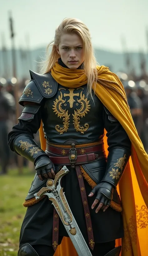 Wide angle image, a realistic image of a 25 year old young man warrior with white skin, a fierce face, a tall body, long light gold hair,Wearing black demon armor with a magnificent gold pattern,A yellow veil with a gorgeous red pattern, ready for battle. ...