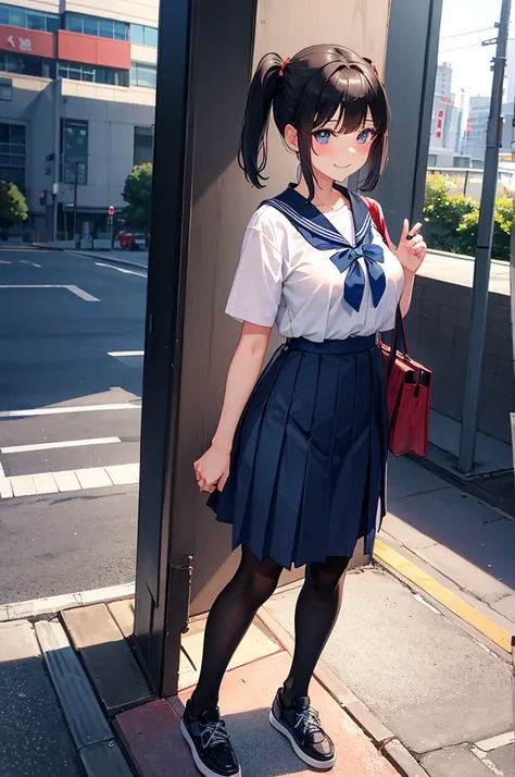 a solo cute shy boy, sexy boy,traps, short pigtail hair, sexy big breast , crossdressing a japan short sleeve sailor high-school uniform ,navy blue skirt ,black pantyhose ,wearing a sneaker ,face red and embarrassed,smile ,standing sexy pose in a downtown ...